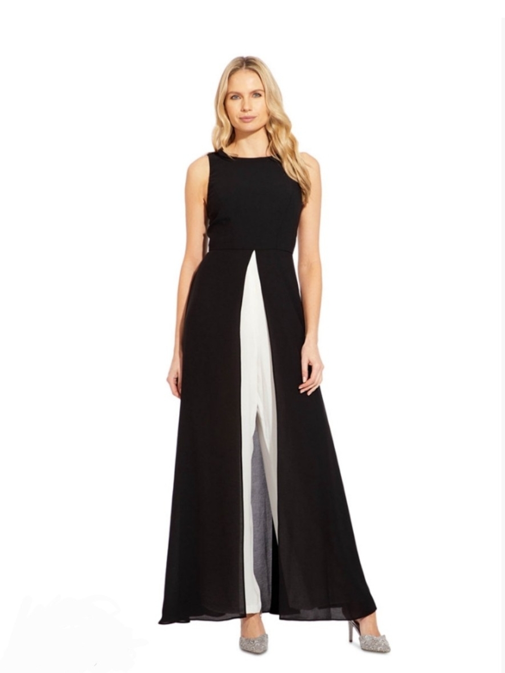 Adrianna Papell Black Gown with White Center Panel